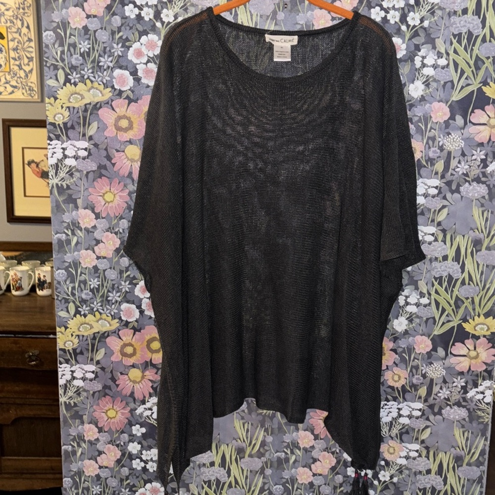 Johnny Was Calme Womens Size M/L Organic Linen Poncho W/Tassels Charcoal Gray
